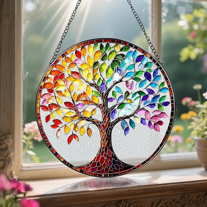 8'' Tree of Life Sun Catcher Ornament, Stained Glass Window Hanging, Suncatchers for Windows Hanging Ornaments, Window Decor | Housewarming Gift, Gifts for Mom & Grandma