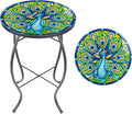 MUMTOP Outdoor Side Table - Small Mosaic Patio Tables, 14” Round Accent End Coffee Glass Plant Stand for Garden Living Room(Peacock)