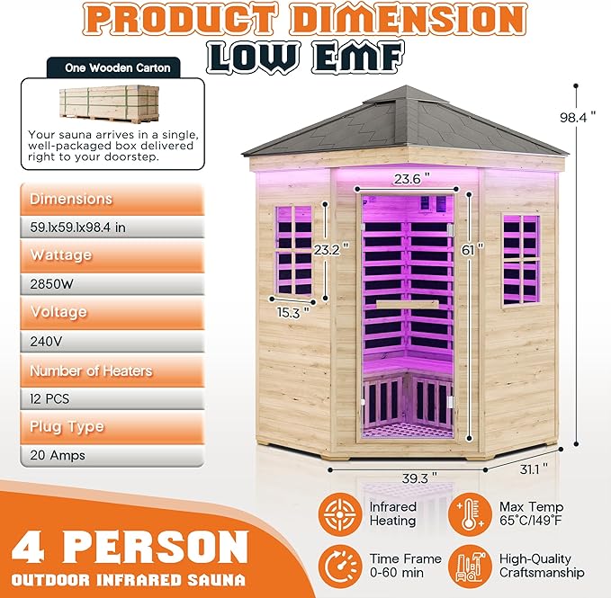 Albott Outdoor Sauna 4 Person, Infrared Saunas for Home, Low EMF 2850W/240V Spruce Wood Dry Sauna with Tourmaline Stone Foot Warmer, 7-Color Light Therapy & 2 Bluetooth Speakers, 59.1"x59.1"x98.4"