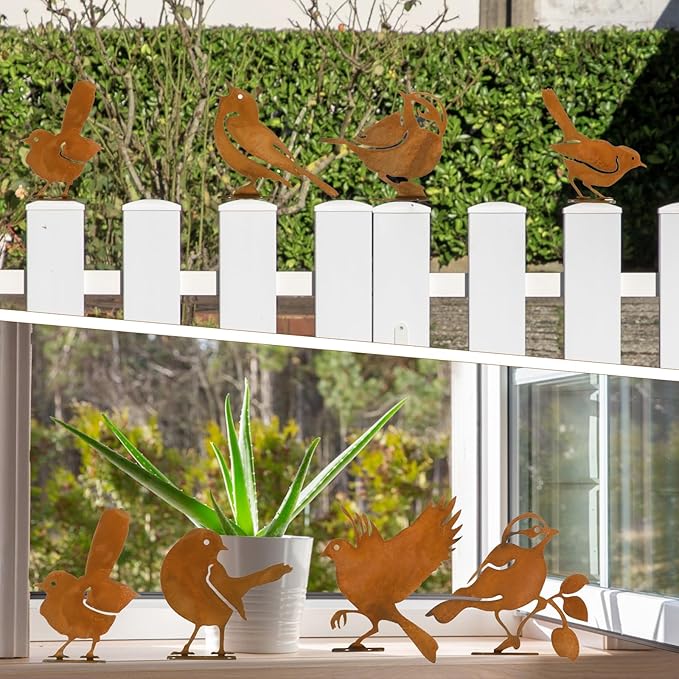 DIVINA VITAE 10Pcs Rusty Birds Decoration Lifelike Metal Birds Yard Art Simulation Bird Statue Yard Garden Decor for Outdoor Sculptures Art Fence Decorations(Style B)