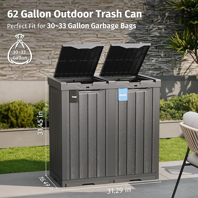 EAST OAK 62 Gallon Outdoor Trash Can | Waterproof Resin Garbage Can with Recycle and Garbage Labels | Secure Bag Lip Lock and Drip Tray | Outside Trash Bin for Patio | Kitchen, Backyard or Deck | Gray