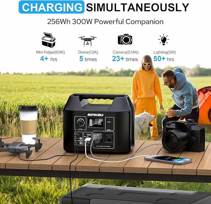 SinKeu Portable Power Station, 256Wh LiFePO4 Battery, 300W Solar Generator for Home Use, Power Bank with AC Outlets Pure Sine Wave for Camping, RV, Emergency Backup