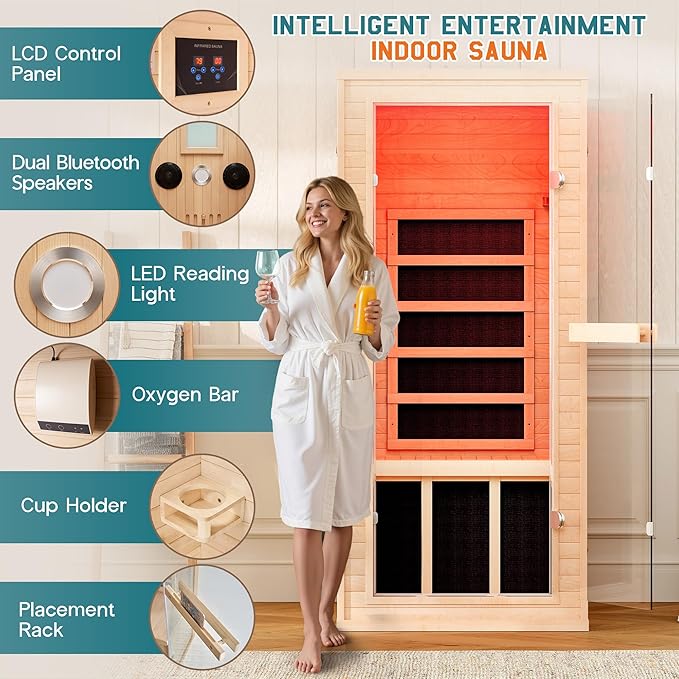 Albott Infrared Sauna 1 Person, Infrared Saunas for Home, 930W/110V Hemlock Wood Dry Sauna with Tourmaline Stone Foot Warmer, 7-Color Light Therapy & 2 Bluetooth Speakers, 27.2"x32.3"x61"