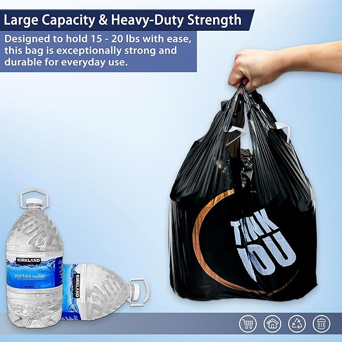 4 Gallon Small Black Trash Bags with Handles 100 Count, 11" x 21" Plastic Garbage Bags for Home, Kitchen, Office, Bathroom Thank You T-Shirt Style Bags for Small Business, Takeout, Grocery Use