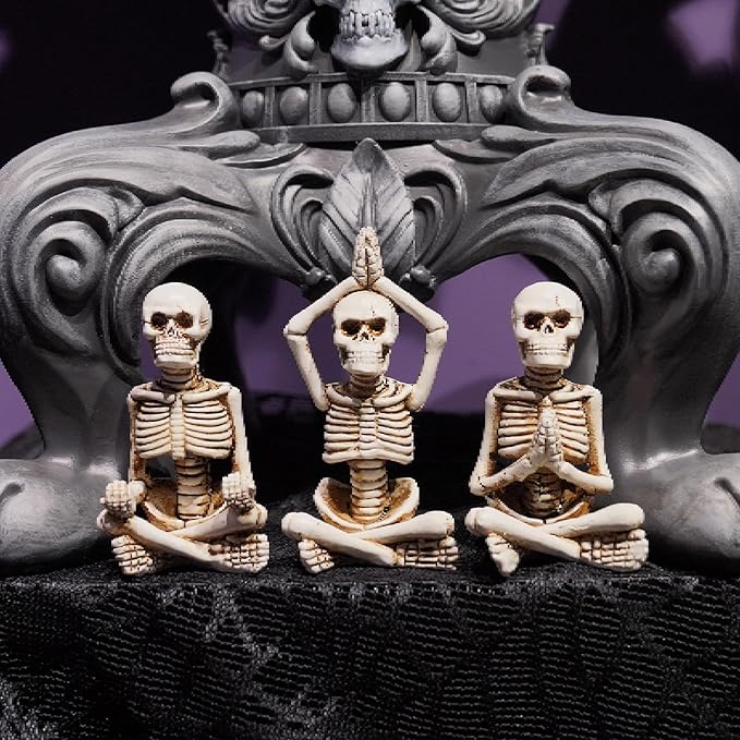 Newman House Studio Halloween Skeleton Decor - Realistic Meditating Skeleton Statues, Set of 3, 2*1.5*3.75 in Resin Indoor Zen Skull Decor