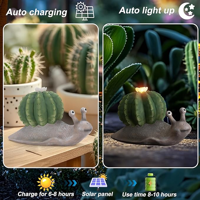 Solar Cactus Snail Statue Garden Decor Light - Outdoor Decorative LED Flower, Suitable for Patio, Lawnand Garden Decorations, Gifts for Mom