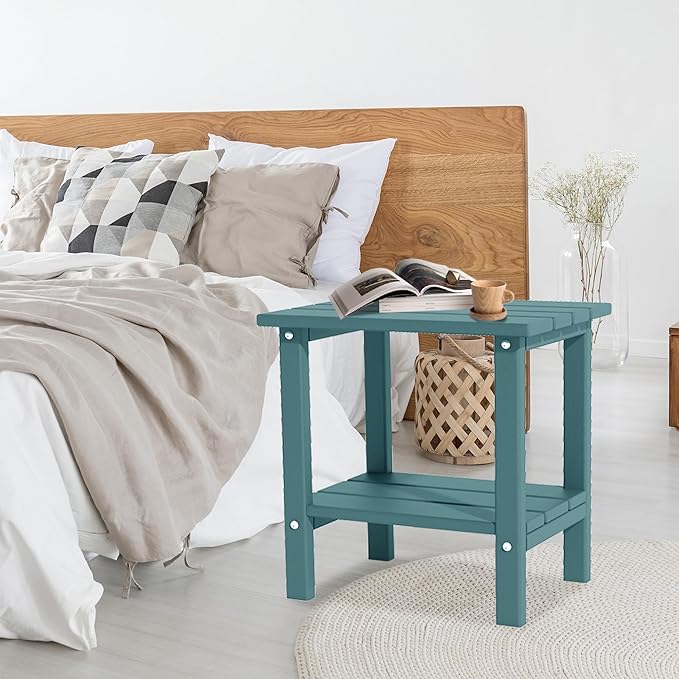 OTSUN Outdoor Side Table, Weather Resistant HDPE Outdoor Table, 2-Tier Small Patio Tables for Outside or Indoor (Aruba Blue)