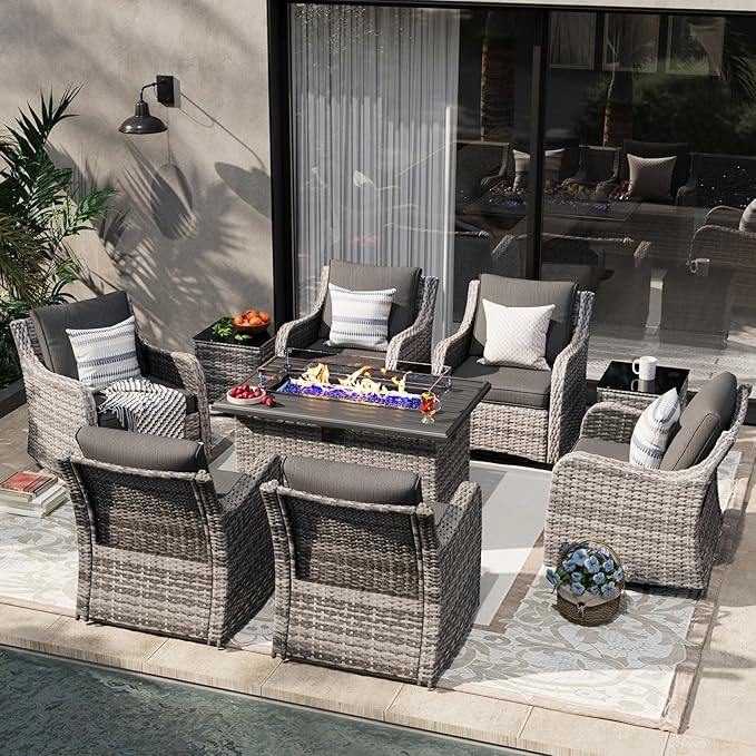 MEISSALIVVE 9 Pieces Patio Furniture Set with 43" Fire Pit Table, Wicker Patio Conversation Set with Swivel Rocking Chairs, Outdoor Patio Set for Lawn Backyard Porch (Grey)