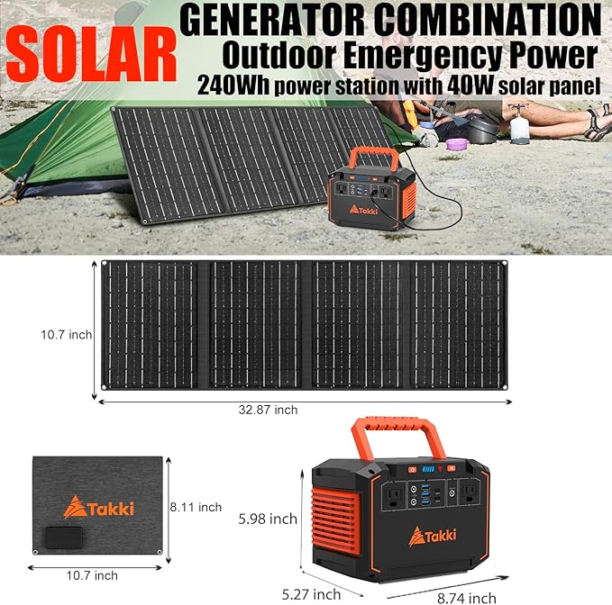 Takki 300W Portable Solar Generator 240Wh Portable Power Station with 40W Foldable Solar Panel, Power Bank with 110V AC Outlet USB DC for Emergency CPAP Outdoor Camping Home Use Blackout