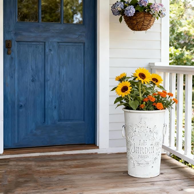 Set of 2 Distressed White Metal Flower Pots - Le Jardin Paris 14" Vintage Planters, Decorative Round Plants Buckets for Indoor/Outdoor Garden Patio Decor