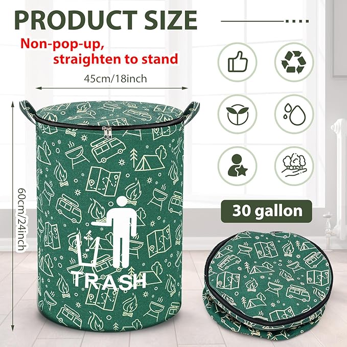 1 Pack Collapsible Trash Can Camping with Zippered Lid Foldable Storage Bin Portable Garbage Can for Outdoor Camping RV's Yard Waste (Trash Style)