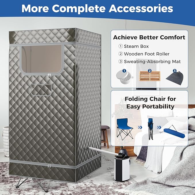 Giantex Portable Sauna Box, Full Body Steam Sauna for Home with 3L Generator, Remote Control, Folding Chair & Wooden Foot Roller, Lightweight Single Person Sauna Tent, 36" x 36" x 72", Gray