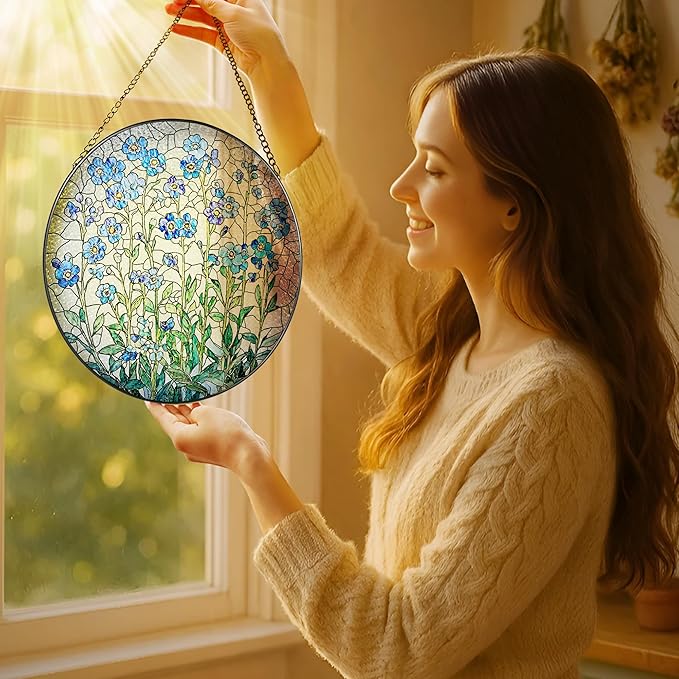8 Inch Stained Glass Window Hanging, Forget Me Not Flower Stained Glass Suncatcher, Window Decor, Plant Lover Gift for Women, Forget Me Not Gifts for Couples, Best Friend, Family, Colleague, Classmate
