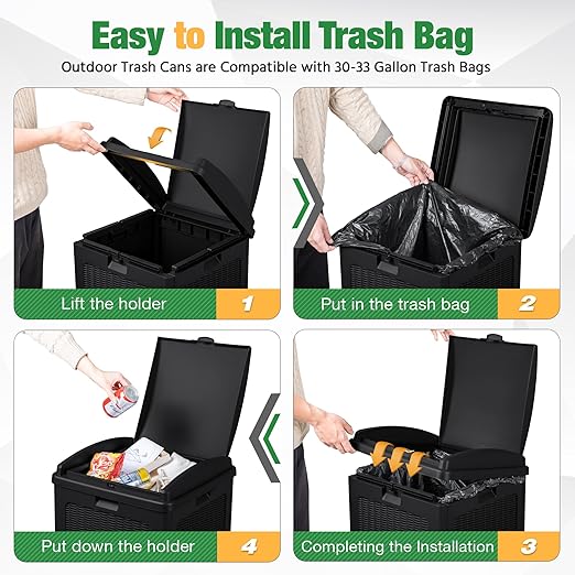 Flamaker 30 Gallon Trash Can, Resin Outdoor Garbage Can with Lid, Waterproof Hideaway Patio Waste Bins for Outside Use (Black)