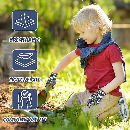 HANDLANDY 2 Pairs Kids Genuine Leather Gardening Gloves for ages 3-11, Children Toddler Work Outdoor Playing Gloves for Boys Girls Gift (Medium (for age 5-7), Blue)