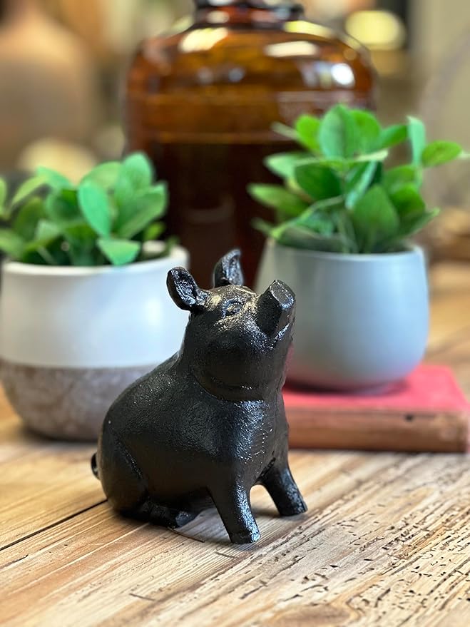 NACH Cast Iron Pig Statue - Sitting Pig, Rustic Garden Sculpture, Black Door Stop/Paperweight, JS-90-7151