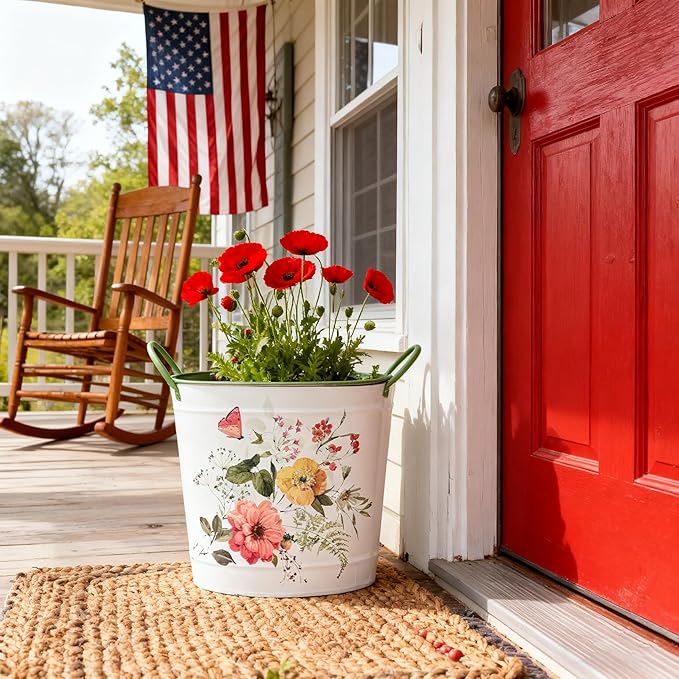 Set of 3 Vintage Floral Butterfly Metal Planter Pots, Decorative Flower Buckets with Handles, Rustic Farmhouse Plant Containers for Indoor Outdoor Gardening, Succulents, Herbs, Home Decor