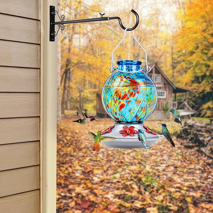 Hummingbird Feeder, BOLITE Glass Hummingbird Feeders for Outdoors Hanging, Hand Blown, with Ant Moat and Five Feeding Ports, Meshy Texture Ball Shape Bottle, 20 Ounces, Blue, Gifts for Women Men