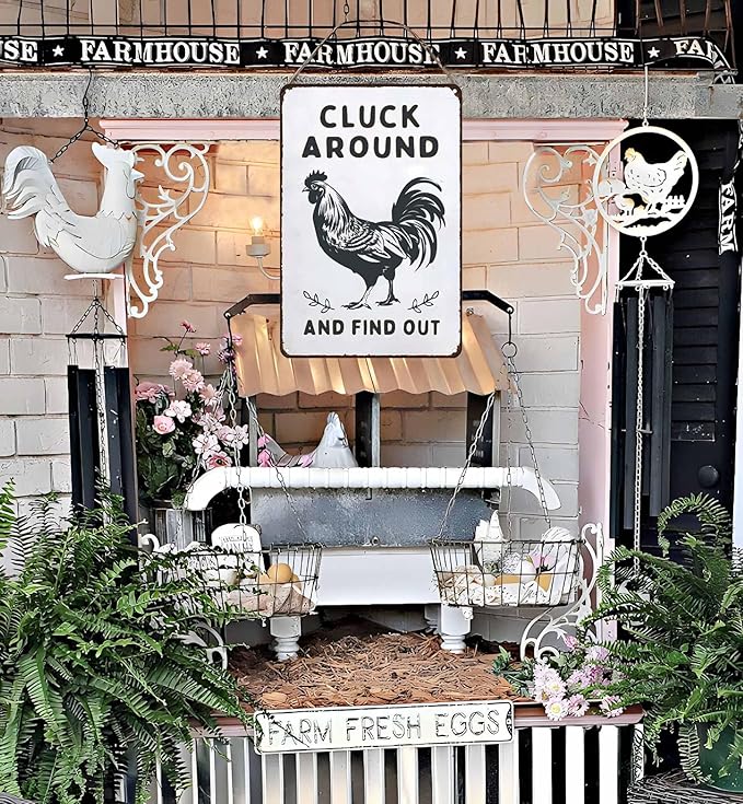 Funny Chicken Gifts Chicken Cluck Around and Find Out Tin Sign for Home Farm Chicken Coop Farmhouse Kitchen Garden Decor 8 X 12 Inch (3020)