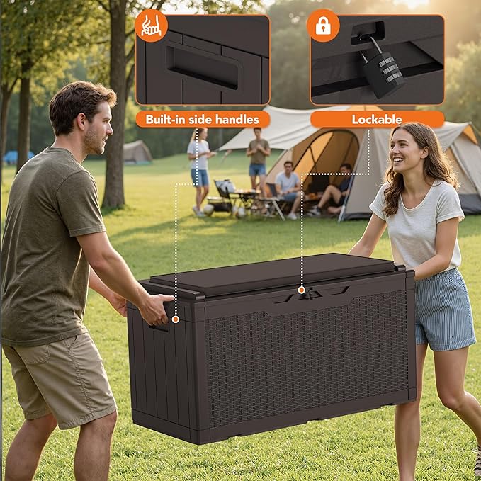110 Gallon Deck Box Outdoor Indoor Waterproof Storage Box for Patio Furniture, Pool Accessories, Garden Tools, and Cushion Storage, Brown