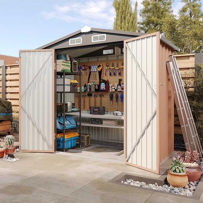 Aoxun 6'x4' Outdoor Metal Storage Shed with Lockable Door- Ideal for Tools, Garden Equipment & Bikes, Perfect for Patio Placement(Base Included/Brown)