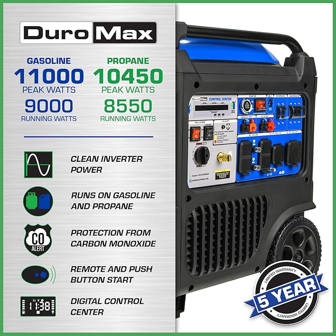 DuroMax XP11000iH 11,000-Watt Dual Fuel Portable Digital Inverter Generator - Gas & Propane, Remote Electric Start, Transfer Switch Ready, RV & Emergency Ready