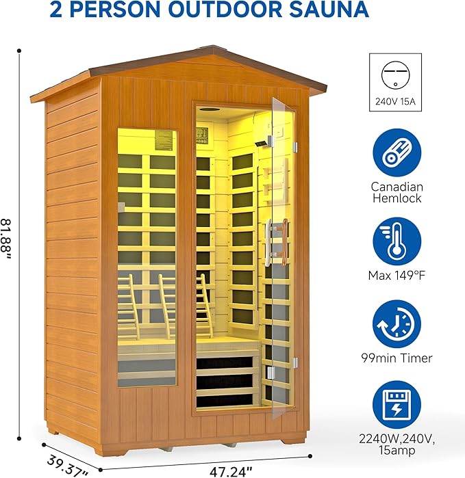 Outdoor Sauna 2 Person, Infrared Sauna for Home, Wooden Dry Saunas Room with Far Low EMF Lighting, Bluetooth Speakers, 7 Colors Chromotherapy for Outdoor Home Spa