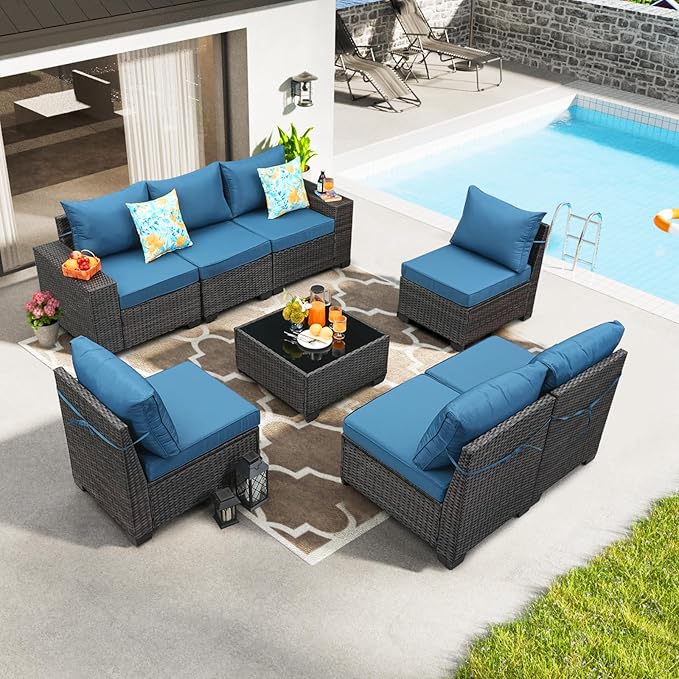8 Pieces Patio Furniture Set All-Weather Outdoor Wicker Sectional Conversation Sofa Rattan Patio Seating Sofa with Cushion and Glass Table for Porch Poolside,Peacock Blue