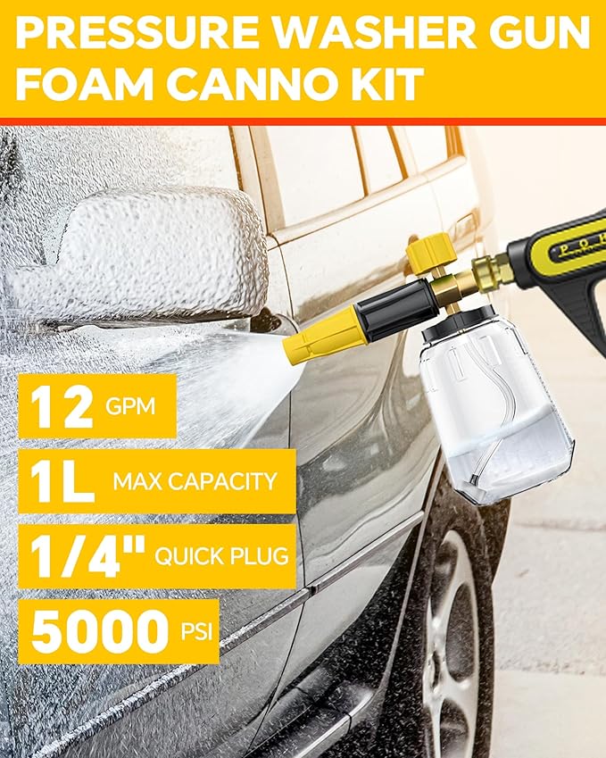 POHIR 5000 PSI Pressure Washer Gun with Cannon, Power Washer Sprayer with Dual Adjustable Foam Lance,1/4" Quick Connector with Nozzle Tips (Gun+Foam Cannon+Dual Connector+Nozzle)