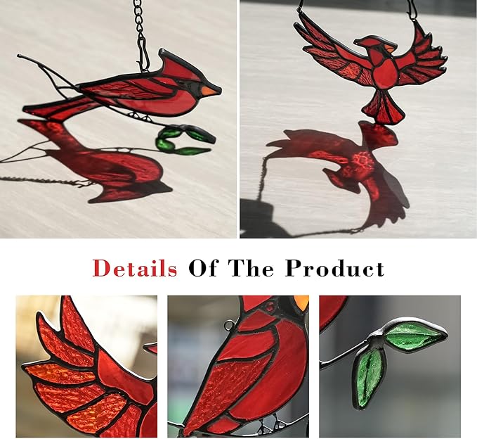 BOXCASA Cardinal Gfits Stained Glass Birds Window Hanging,Cardinal Handmade Ornament Stained Glass Suncatcher for Window,Cardinals Bird Gifts for Bird Lover Women,Memorial Gift for Mother