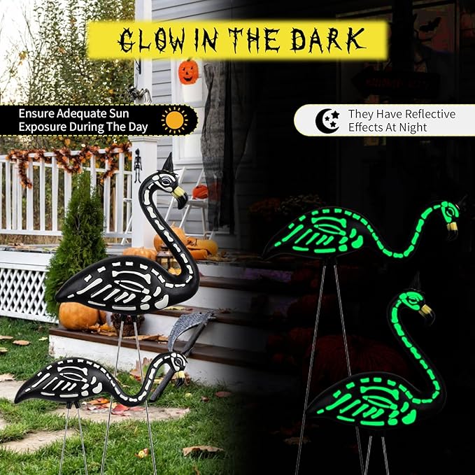 Halloween Black Flamingo Skeleton,Skeleton Flamingo Glow in The Dark, Zombie Flamingos for Spooky Graveyard Decorations, Skull Flamingo with Stakes for Halloween Lawn Ornaments, 2 Pack