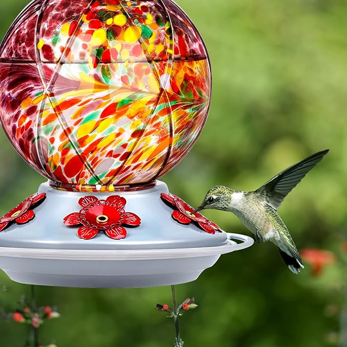 BOLITE Hummingbird Feeder, Hummingbird Feeders for Outdoors Hanging, Hand Blown Glass, Meshy Texture Ball Shape Bottle, 5 Feeding Ports with Perch, 20 Ounces, Leak Proof, Purple, Gifts for Women Men