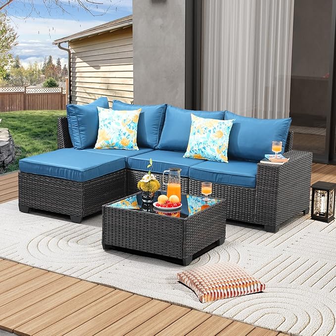5 Pieces Patio Furniture Set All-Weather Outdoor Wicker Sectional Conversation Sofa Rattan Patio Seating Sofa with Cushion and Glass Table and Ottoman for Porch Poolside,Peacock Blue