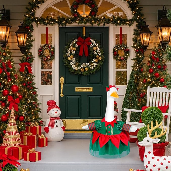 Christmas Porch Goose Outfit Dresses Clothes for 23" High Cement or Plastic Porch Goose Costume for Yard Lawn Outdoor Garden Patio Statue Xmas Santa Holiday Decor