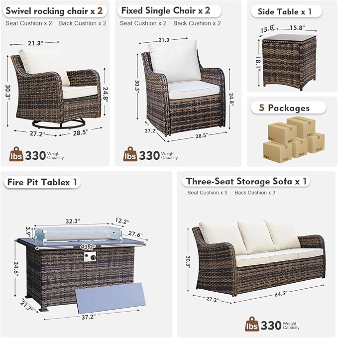MEISSALIVVE 7 Pieces Patio Furniture Set with 43" Fire Pit Table, Wicker Patio Conversation Set with Swivel Rocking Chairs, Outdoor Patio Set for Lawn Backyard Porch (Brown)