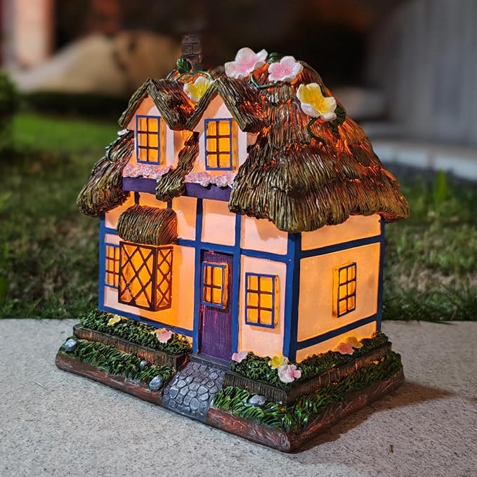 Prospect Thatched Cottage, Solar Statue Lights Mushroom Fairy House, Garden House Statues, Outdoor Memorial Ornaments Waterproof Decoration for Outside Patio Yard Lawn Decor