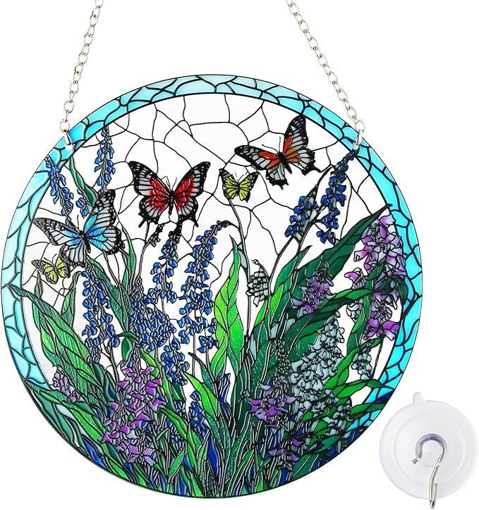 Stained Glass Window Hanging, Hand-Painted Butterfly and Flowers Suncatcher, 6 Inch Round Glass Panel Indoor Window Art, Home and Garden Decor, Mother’s Day