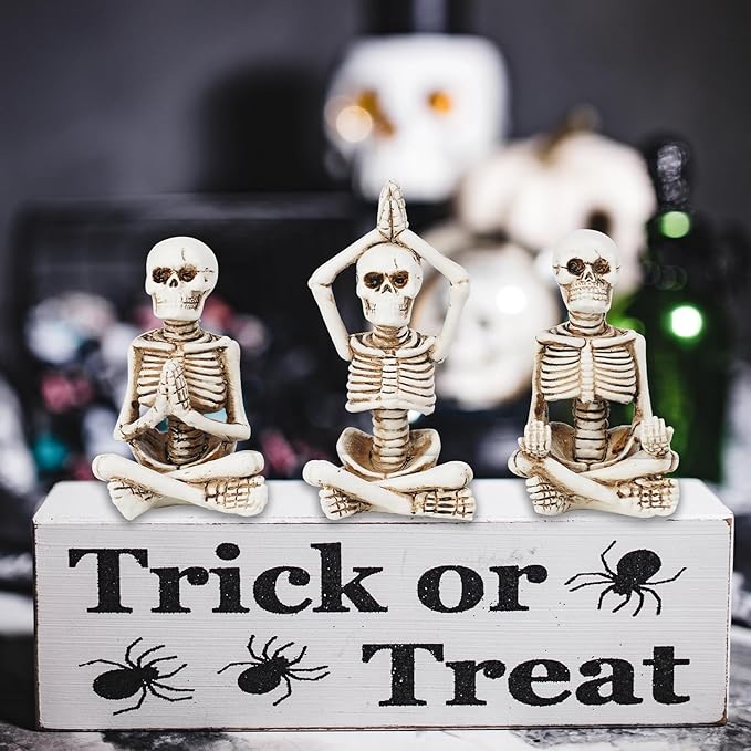 Newman House Studio Halloween Skeleton Decor - Realistic Meditating Skeleton Statues, Set of 3, 2*1.5*3.75 in Resin Indoor Zen Skull Decor