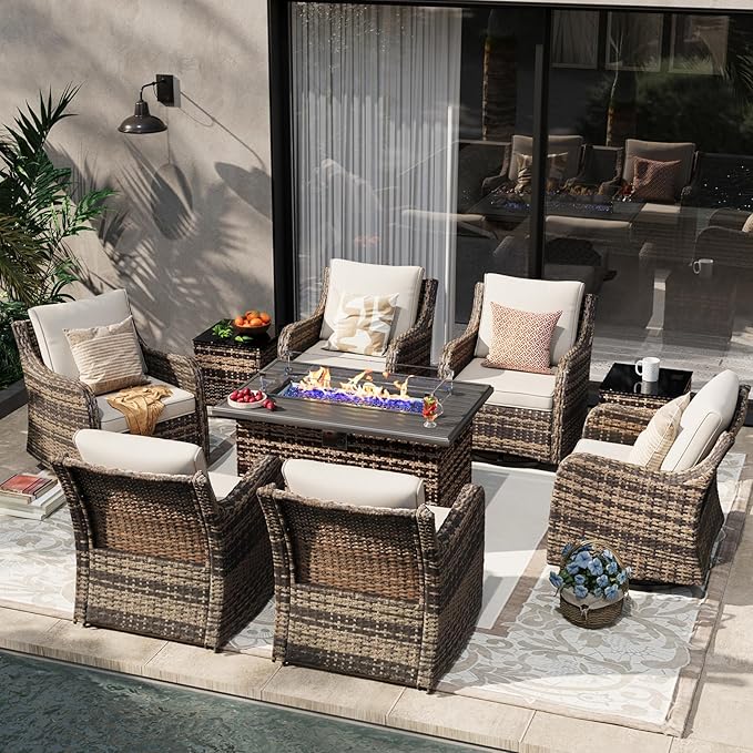 MEISSALIVVE 9 Pieces Patio Furniture Set with 43" Fire Pit Table, Wicker Patio Conversation Set with Swivel Rocking Chairs, Outdoor Patio Set for Lawn Backyard Porch (Brown)