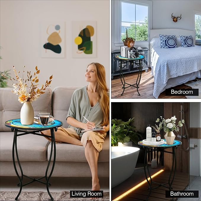 Patio Side Table, 14 Inch Weather Resistant Metal Side Table，Side Table for Patio Yard Porch Balcony Garden Bedside Plant Stand Indoor Outdoor ，Small Round Outdoor End Table