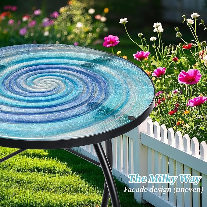 MUMTOP Outdoor End Tables for Patio, The Milky Way Small Round Side Table, Glass Accent Table for Outside, Garden, Balcony, Porch, Indoor Home Decor