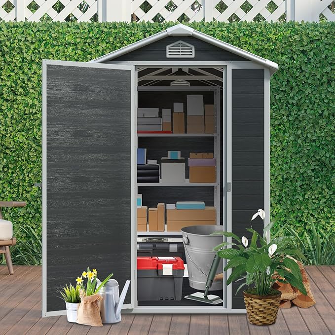 JT 4×6ft Resin Outdoor Storage Shed,Outdoor Storage Shed with Floor & Window to Store Patio Furniture, Garden Tools Bike Accessories, Beach Chairs and Lawn Mower. (Black, 4ft*6ft)