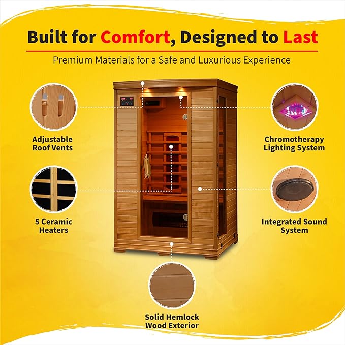 HEATWAVE Coronado 2 Person Hemlock Infrared Sauna for Home & Indoor Relaxation – With 5 Ceramic Heaters, Chromotherapy Lighting, Tempered Glass Door, Sound System, Ergonomic Backrests