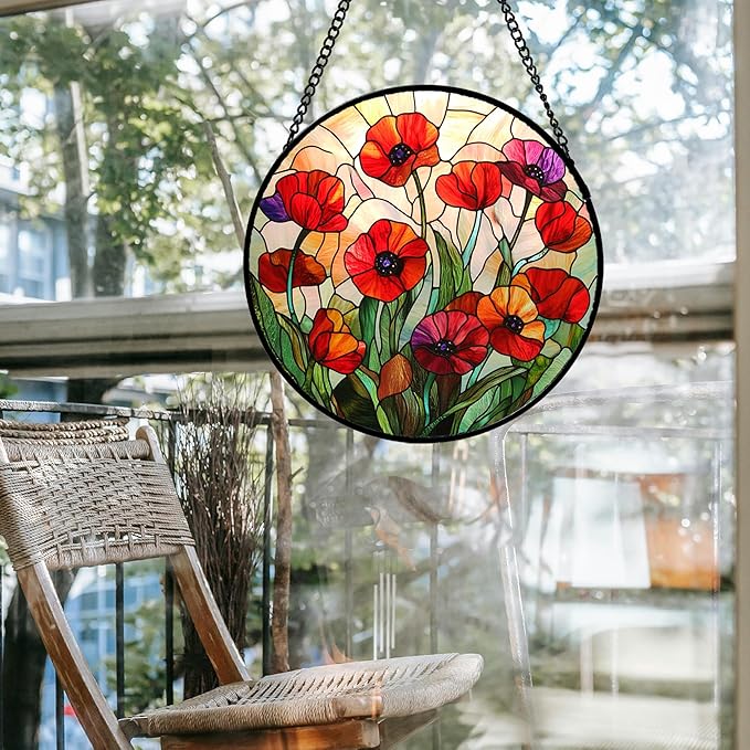Stained Glass Window Hanging - Poppy Birth Flowers Suncatcher for Door Garden Yard Wildflowers Sun Catchers Decor Christmas Mother's Day Birthday Gifts for Women Mom Nana Friend 6.3 in