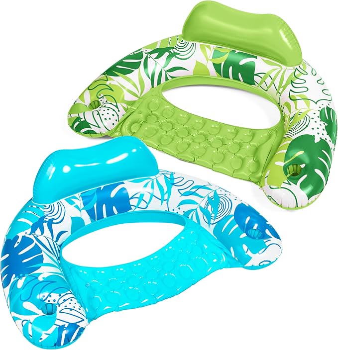 SLOOSH Inflatable Pool Floats Adult,2 Pack Pool Chairs with Cup Holders,Blow up Floats Chair,Hammock Noodle Mat for Relaxing Summer Water Fun Swimming Party Beach