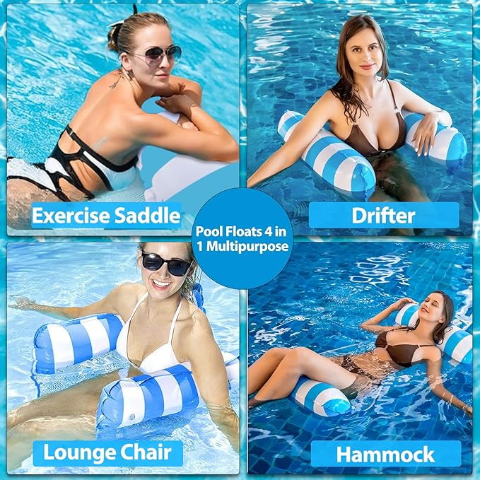Pool Floats Adult 3 Pack Inflatable Pool Floats Hammock 4-in-1 Multi-Purpose for Adults, Swimming Beach Water Hammock Floaties Lounge, Saddle, Lounge Chair, Drifter for Vacation Relax