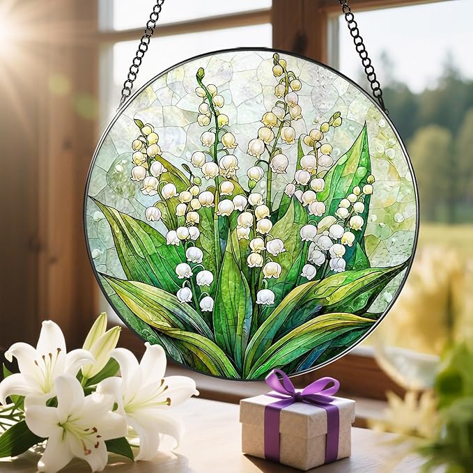 8'' Lily of the Valley Sun Catcher Ornament, Stained Glass Window Hanging, Suncatchers for Windows Hanging Ornaments, Window Decor | Flower Lover Gift, Mother's Day, Christmas, Birthday Gifts