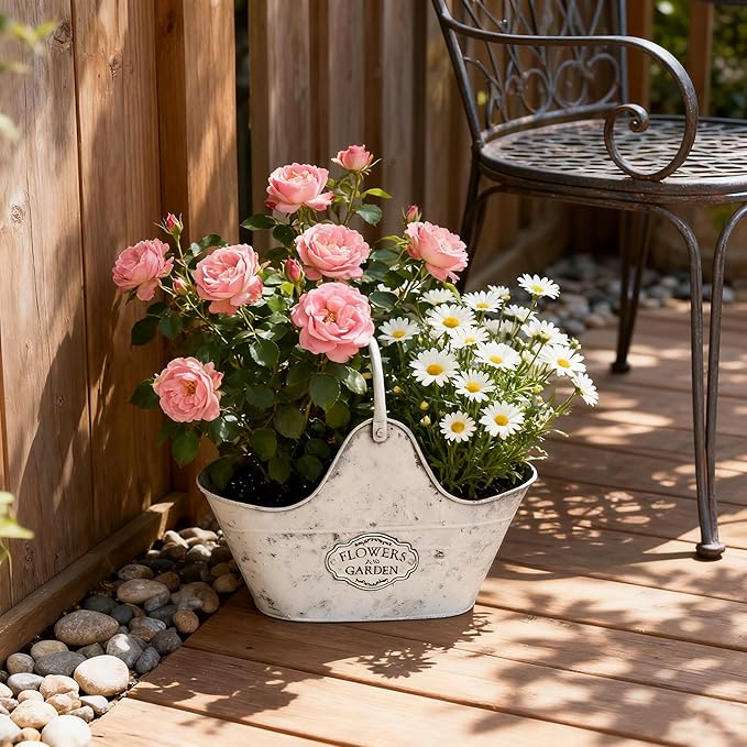 Set of 2 Vintage Metal Planter Pots, "Flowers and Garden" Distressed White Hanging/Tabletop Flower Pots with Handle, Rustic Farmhouse Planters for Indoor Outdoor Succulents, Herbs, Home Decor