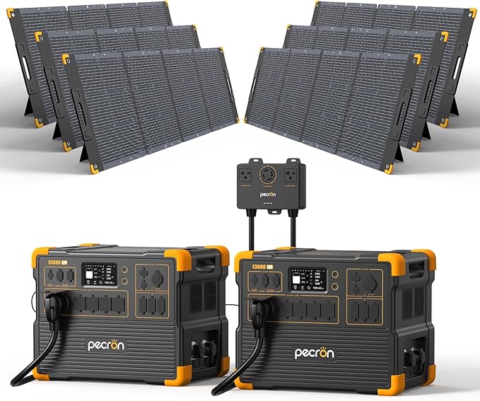 PECRON Two E3600LFP Portable Power Station with 240V Double Voltage Hub, 3072Wh Solar Generator with 6x300W Solar Panels included, 3600W LiFePO6 Battery Backup for Home Use, RV, Camping