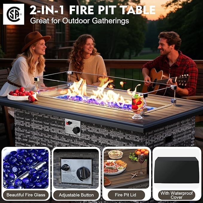 MEISSALIVVE 9 Pieces Patio Furniture Set with 43" Fire Pit Table, Wicker Patio Conversation Set with Swivel Rocking Chairs, Outdoor Patio Set for Lawn Backyard Porch (Grey)